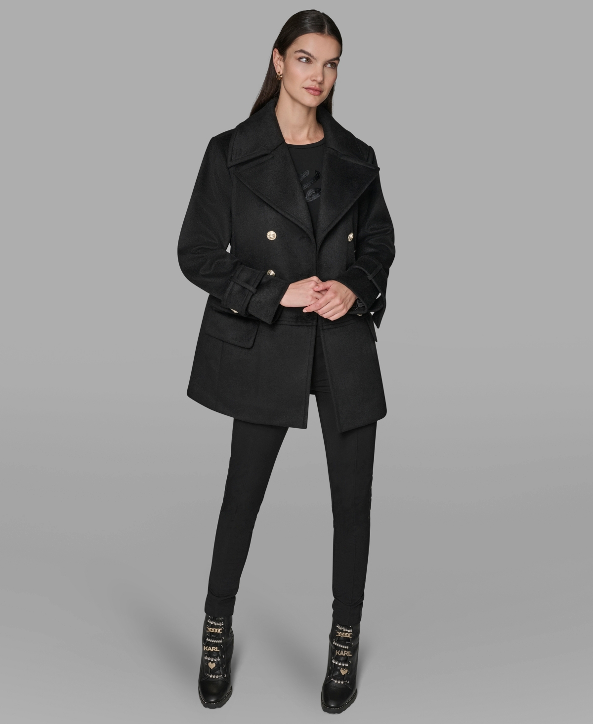 Karl Lagerfeld Paris Low Waist Double Breasted Wool Blend Peacoat In Black