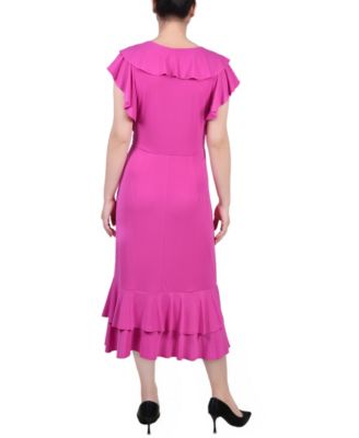 Women's Short Flutter Sleeve Ruffle Neck Dress