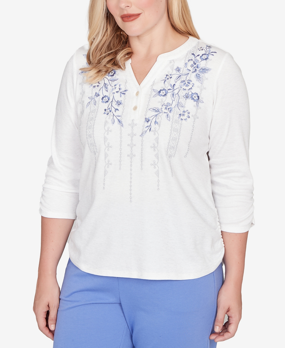 Alfred Dunner Plus Size Casual Vibe Geometric Floral Ruched Henley Top In White