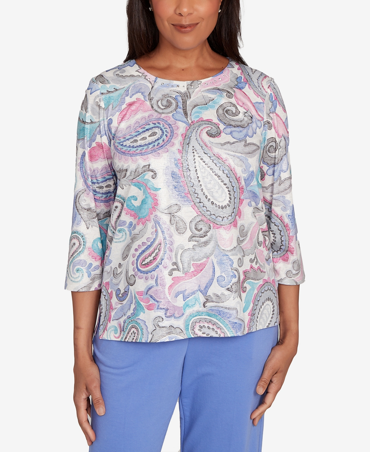 Alfred Dunner Casual Vibe Pleated Paisley Crew Neck Top