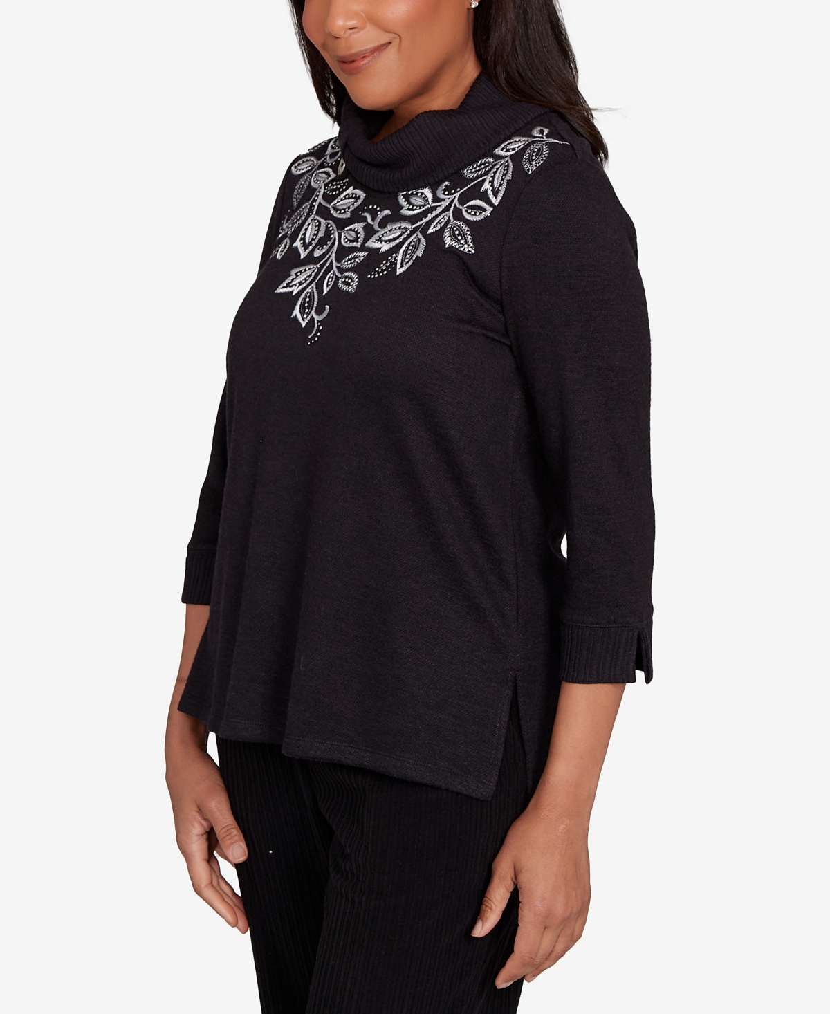 Alfred Dunner Lake Champlain Leaf Embroidered Rib Neck Top In Black
