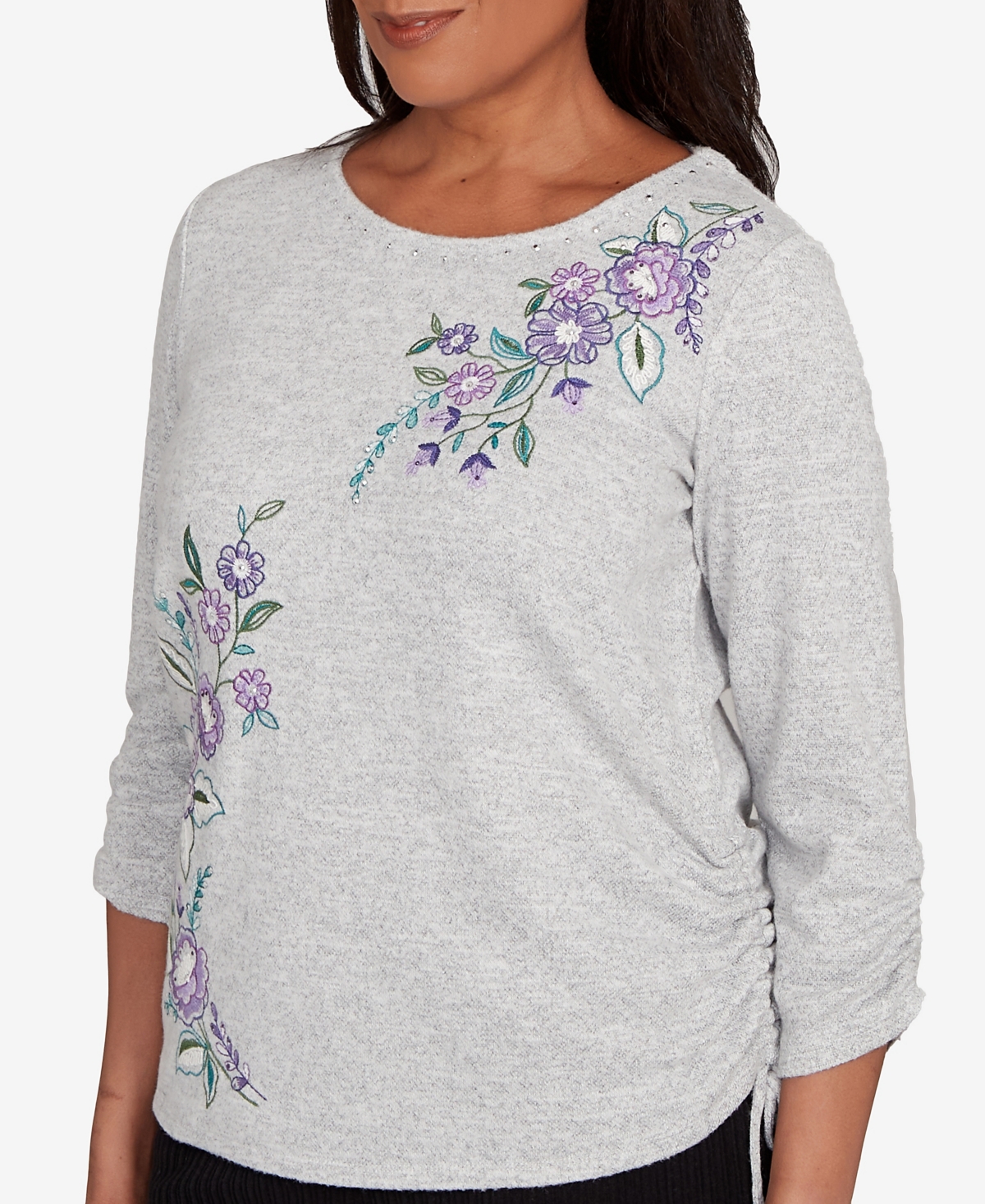 Alfred Dunner Lake Champlain Embroidered Flowers With Side Tie Ruching Top In Gray