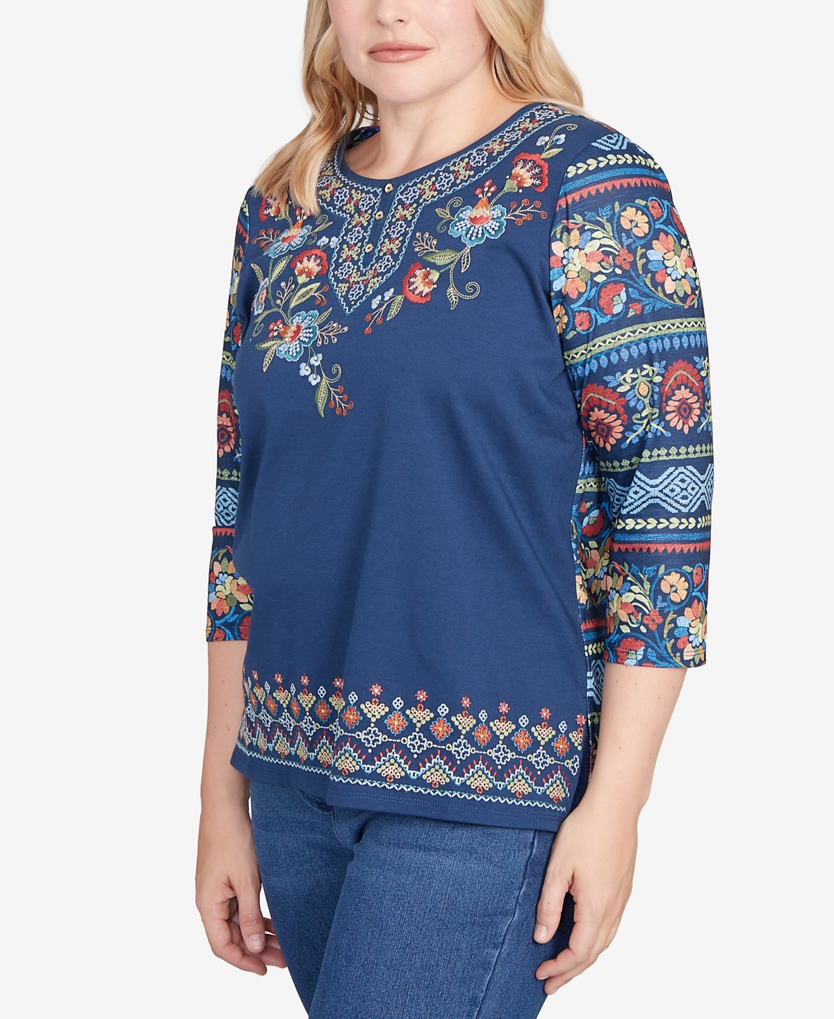 Alfred Dunner Sunset Canyon Printed Sleeve Floral Embroidered Top In Blue