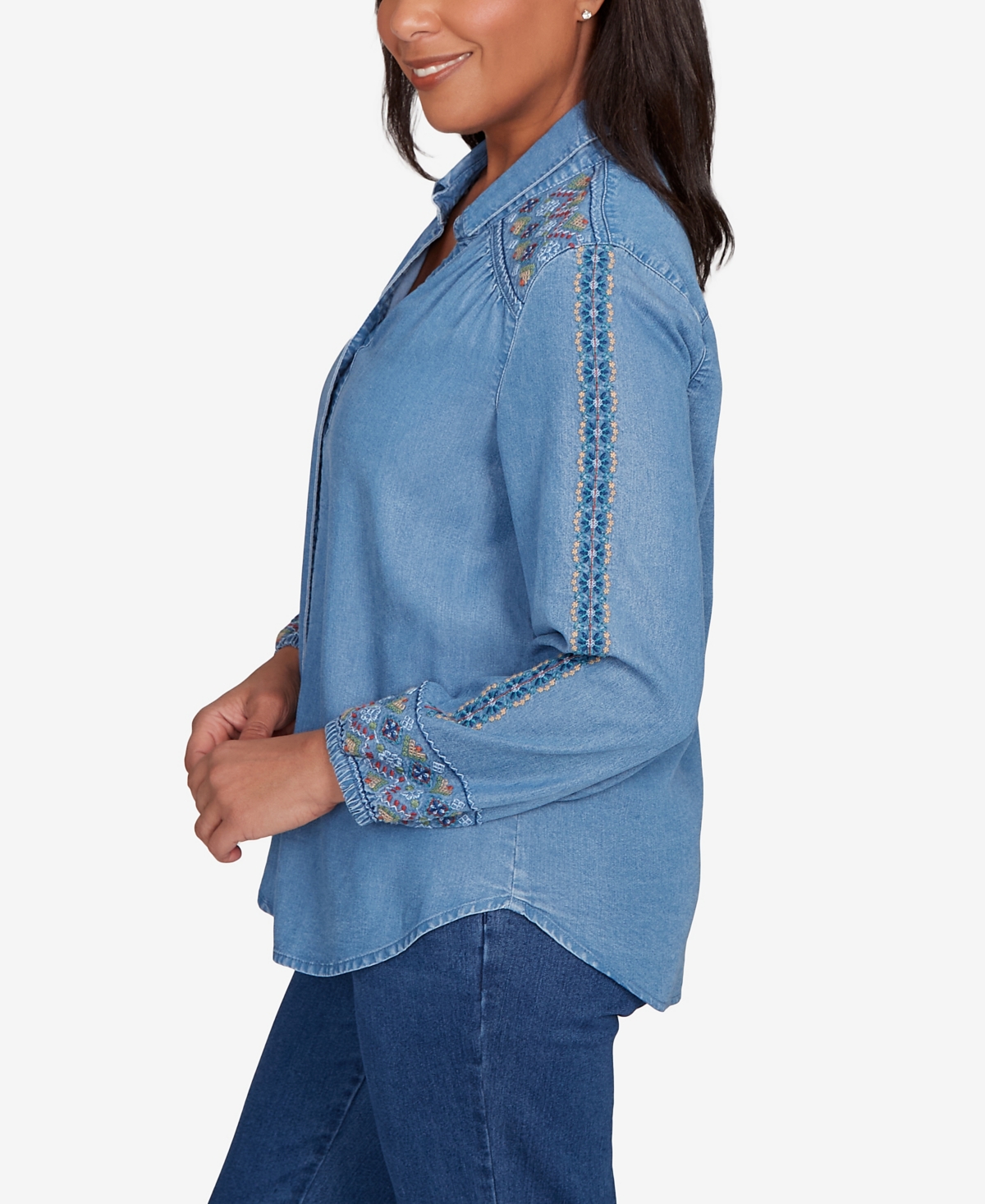 Alfred Dunner Sunset Canyon Needlepoint Embroidered Button Front Top In Blue