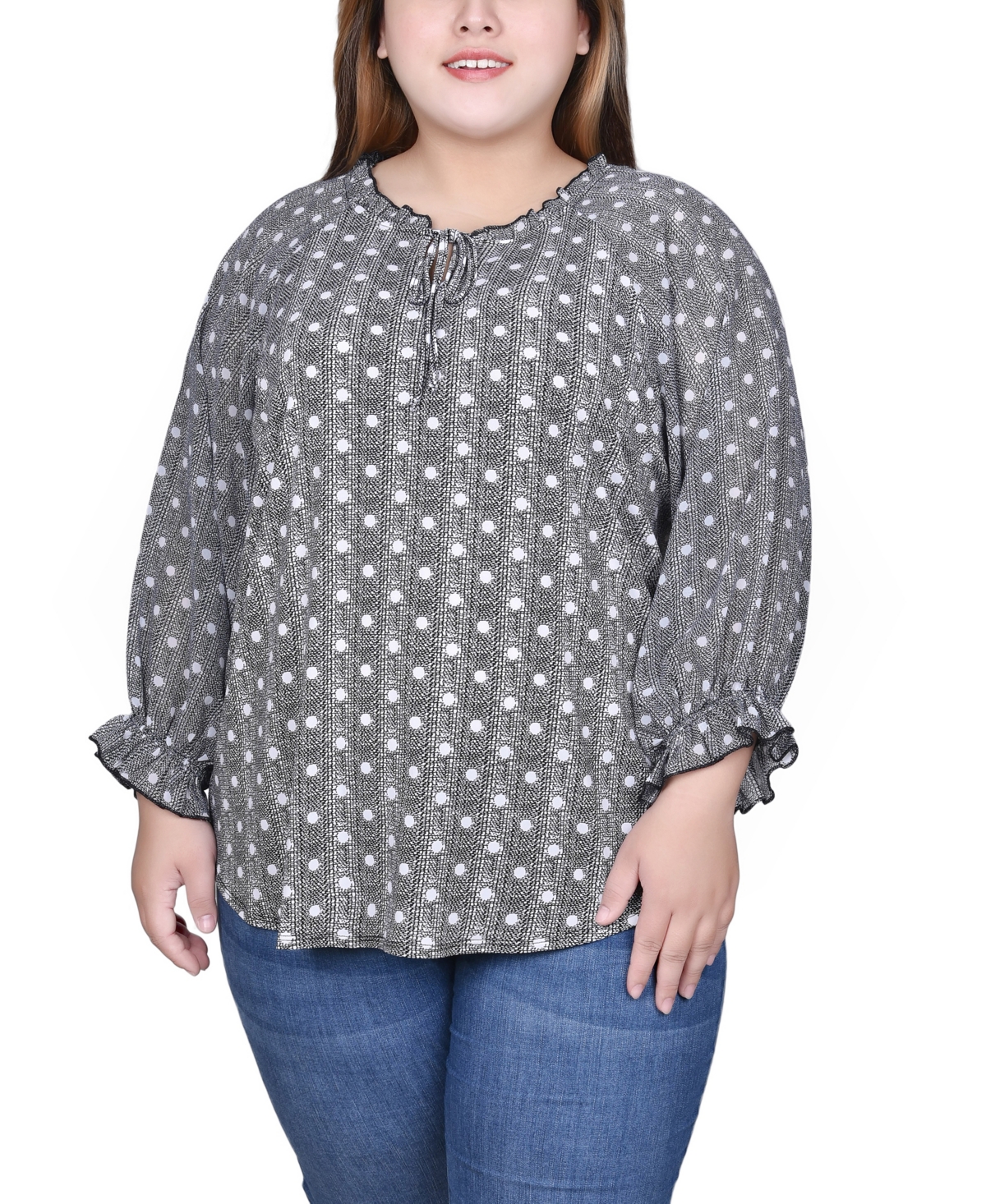 Ny Collection Plus 3/4 Sleeve Ruffle Neck Blouse