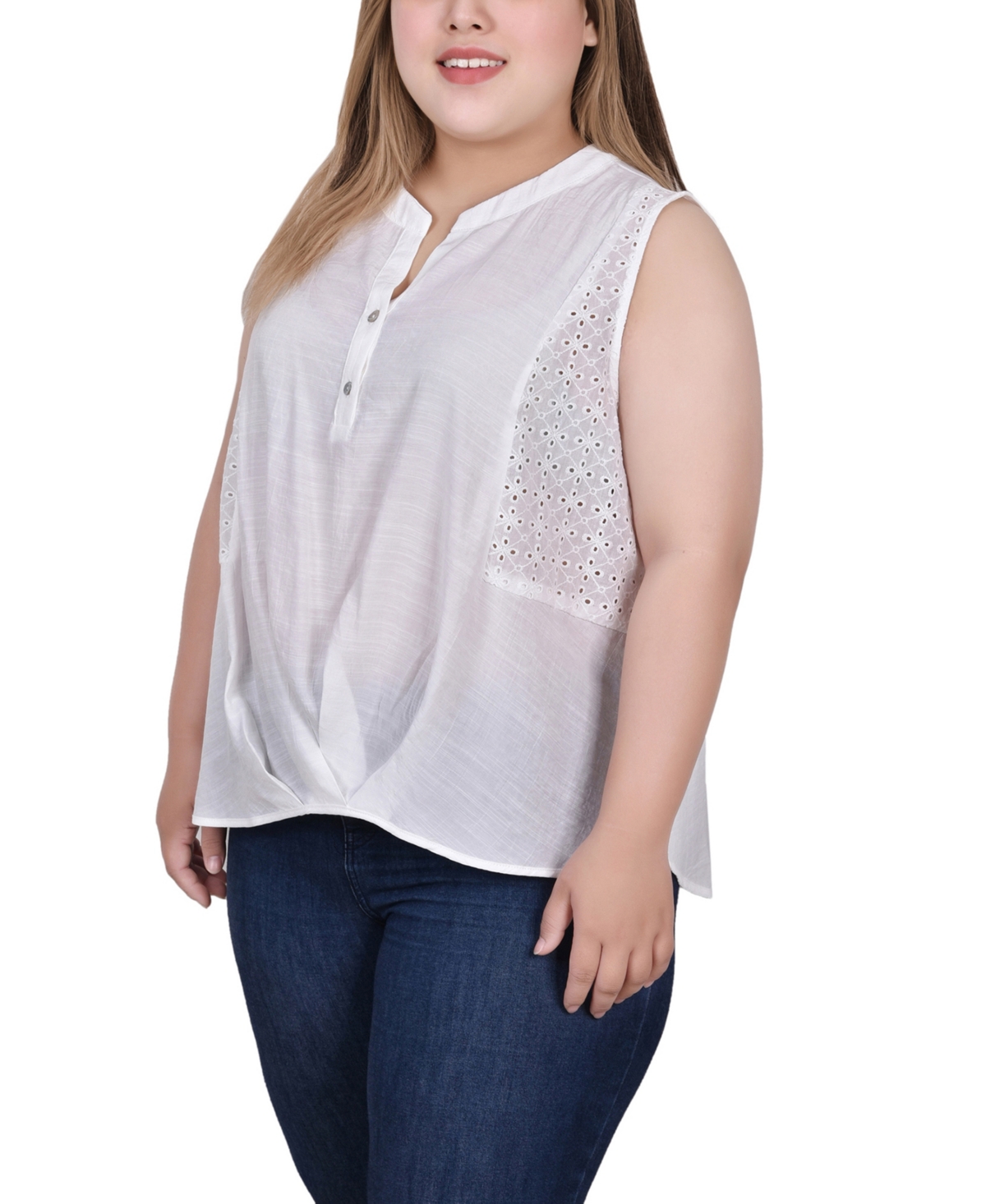 Ny Collection Plus Size Sleeveless Blouse With Eyelet Insets In White