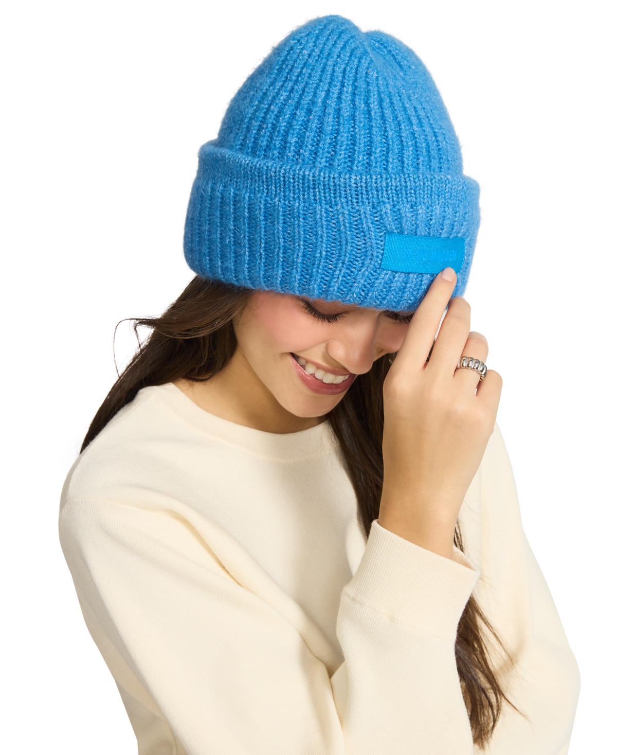 Steve Madden Women's Mixed Knit Tonal Patch Beanie