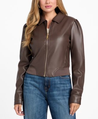 GUESS - Women's Faux-Leather Zip-Front Bomber Jacket
