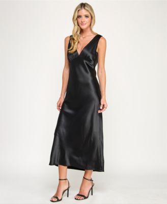 Juniors' V-Neck A-Line Satin Midi Dress