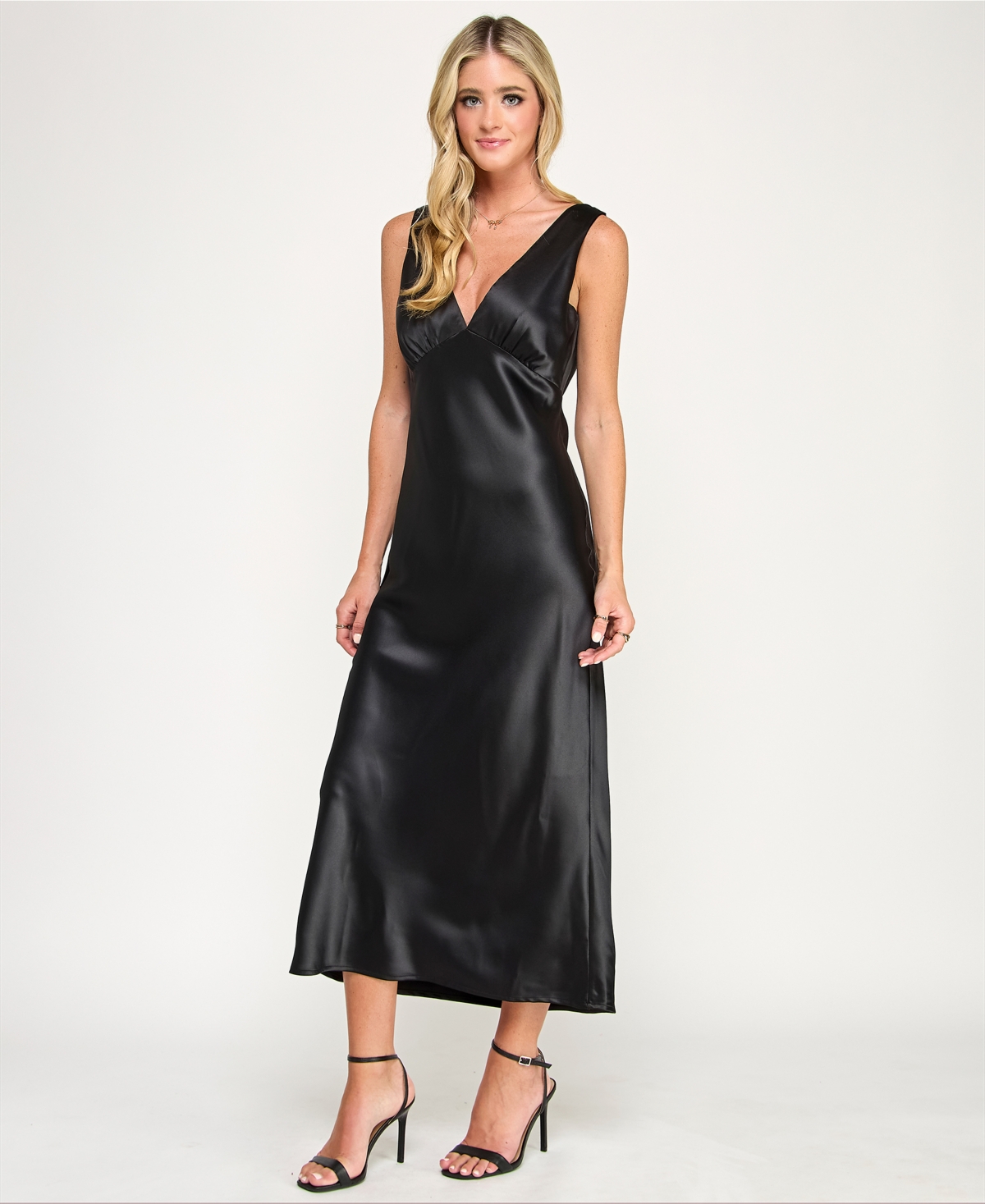 Emerald Sundae Juniors' V-neck A-line Satin Midi Dress In Black