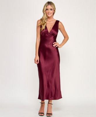 Emerald Sundae - Juniors' V-Neck A-Line Satin Midi Dress