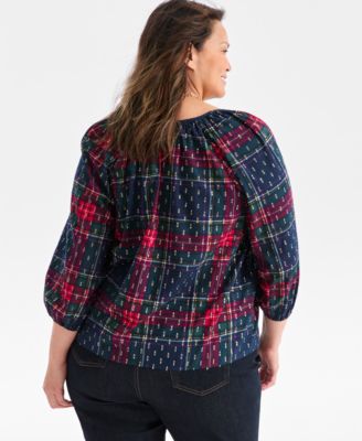Plus Size V-Neck Plaid Bubble-Sleeve Blouse, Macy's Exclusive 