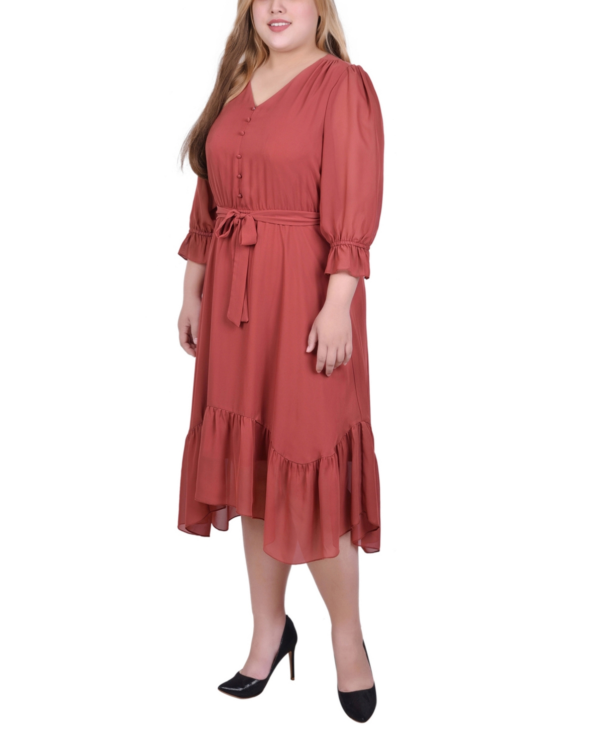 Ny Collection Plus Size Petite 3/4 Sleeve V-neck Flounced Dress In Red
