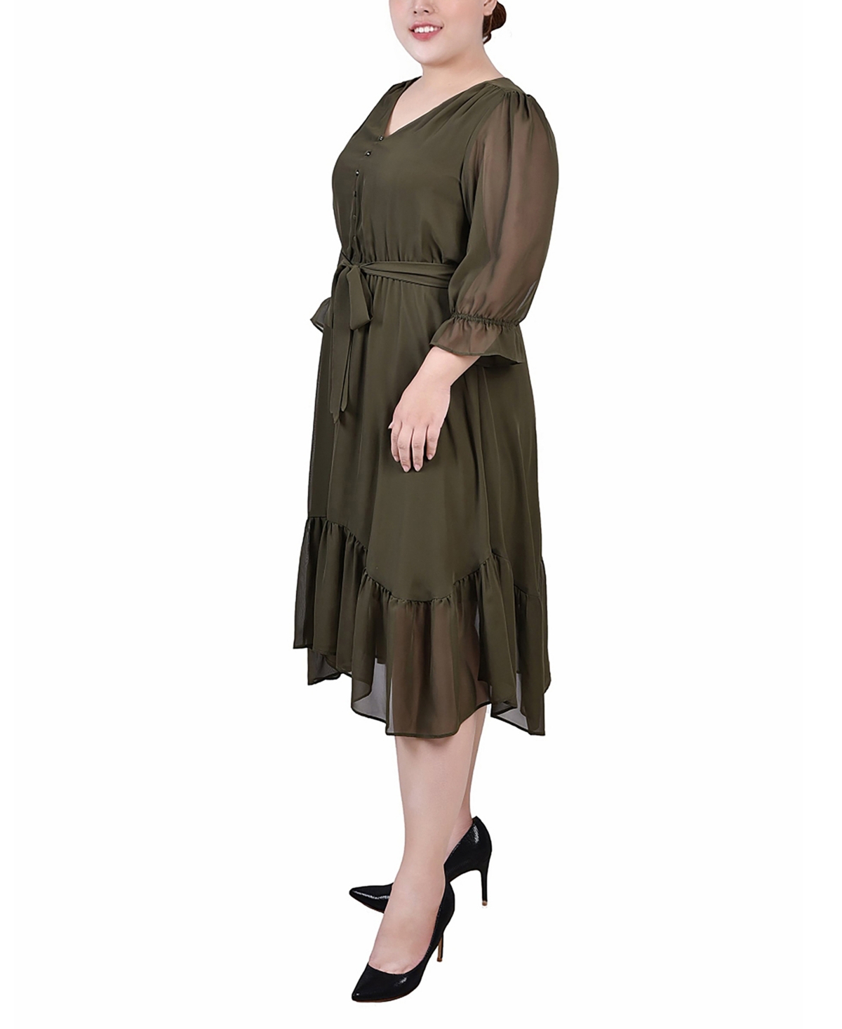 Ny Collection Plus Size 3/4 Sleeve V-neck Flounced Dress In Green