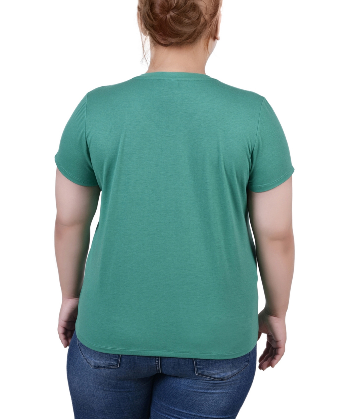 Ny Collection Plus Size Short Sleeve Top With Stone Details In Green