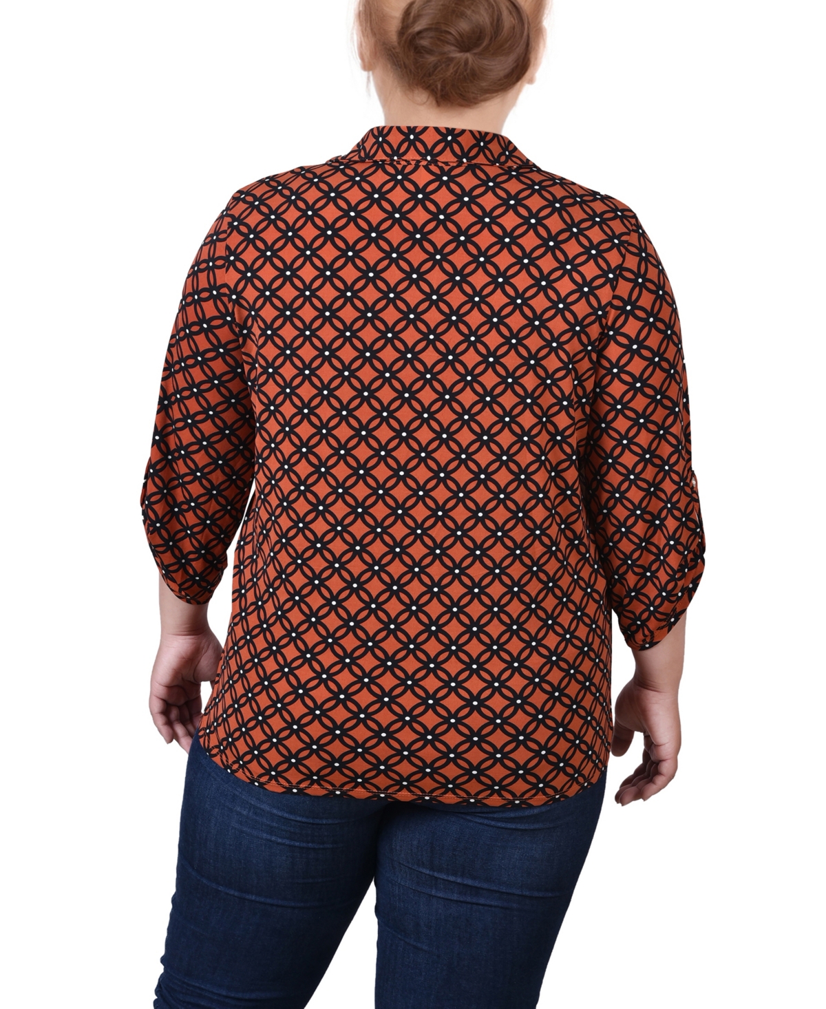 Ny Collection Plus Size 3/4 Sleeve Roll Tab Notch Collar Blouse In Brown