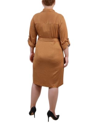 Plus Size Belted Roll Tab Zip Front Shirt Dress
