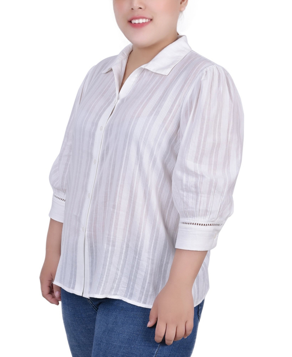 Ny Collection Plus Size 3/4 Puff Sleeve Cotton Jacquard Blouse In White