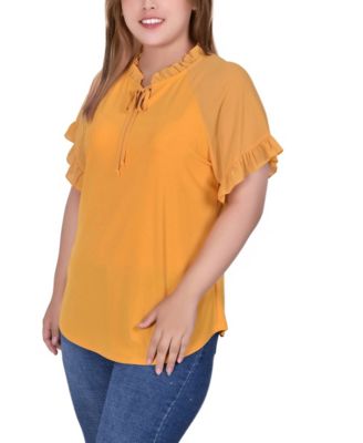 Plus Size Short Ruffled Sleeve Crepe Knit Top with Chiffon Sleeves