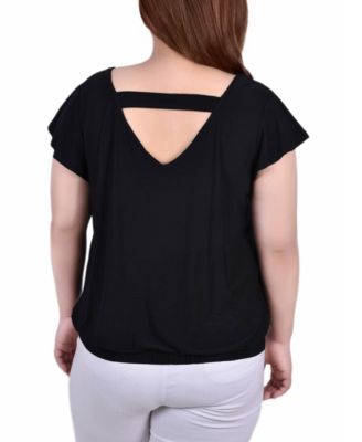 Plus Size Short Flutter Sleeve Top with Studded Neckline