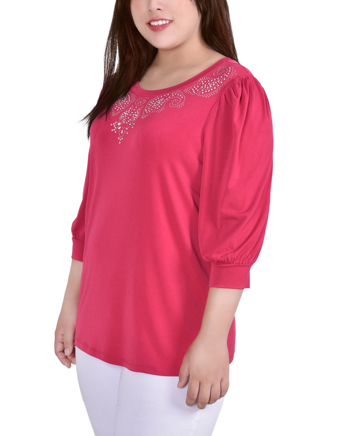 Ny Collection Plus Size 3/4 Sleeve Stone Detail Top In Pink