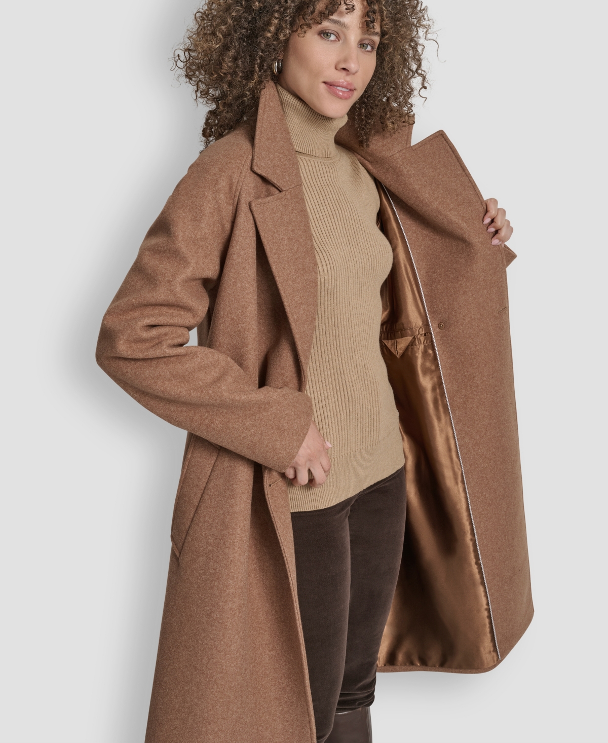 Dkny Womens Belted Notch Collar Coat P Xs Xxl In Brown