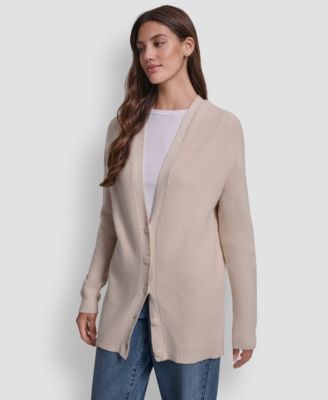 Women's Relaxed V-Neck Shaker Stitch Cardigan With Suede Logo Patch