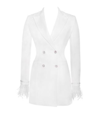 Women Quilla White Feather Crystal Sleeve Backless Blazer Dress