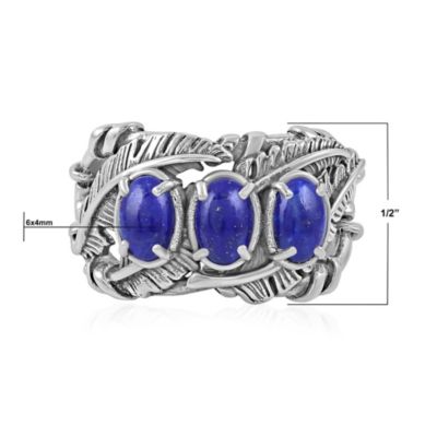 Sterling Silver Lapis Three Stone Feather Ring, Sizes 5 to 11