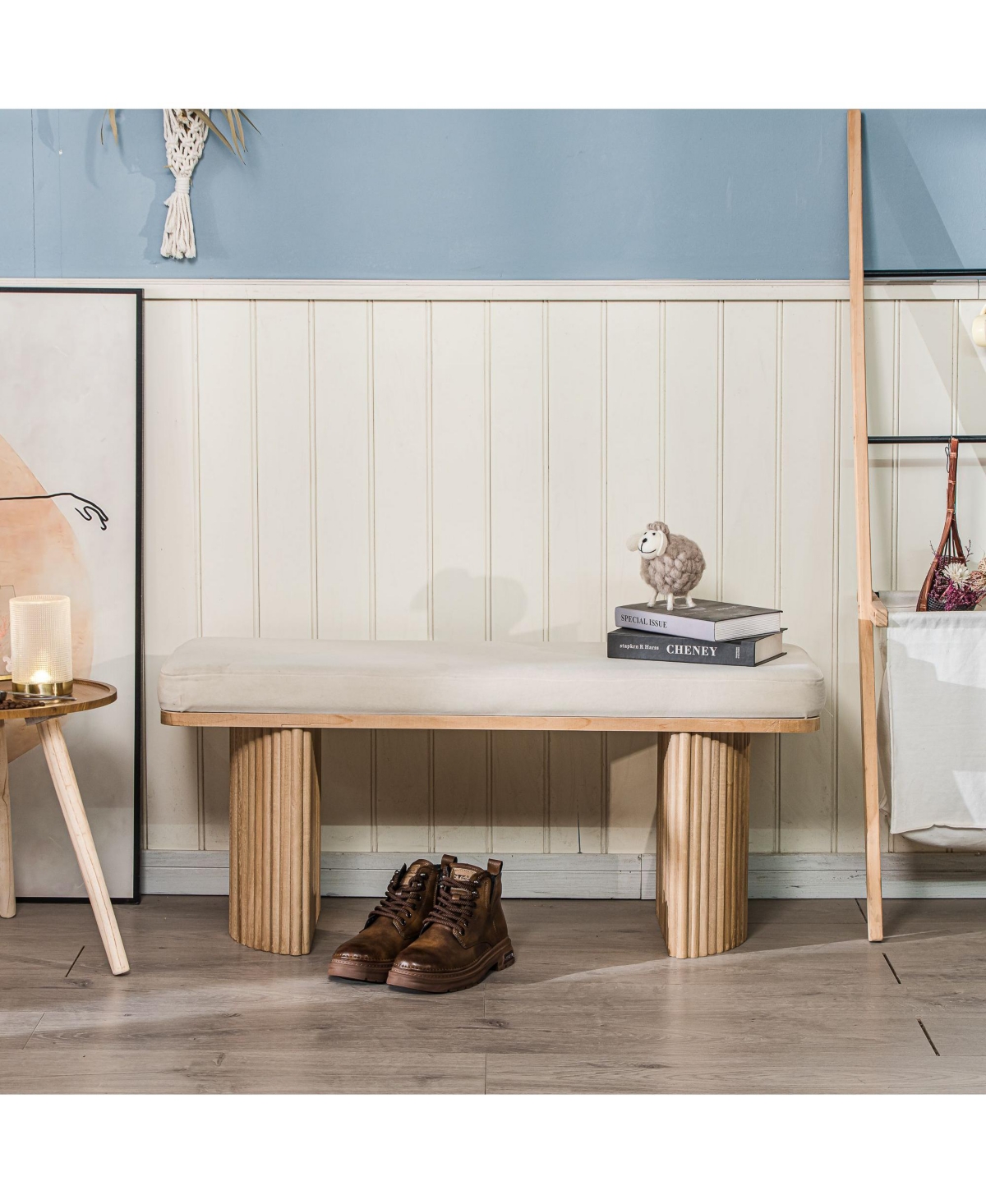 Nordlys - Solid Wood and Beige Velvet Bench Exotic Boho Entry