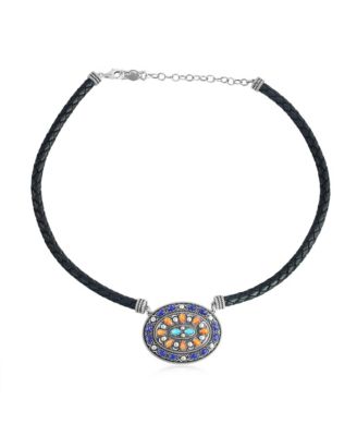 Sterling Silver Multi-Gemstone Oval Pendant Black Leather Necklace, 17 to 20 Inches