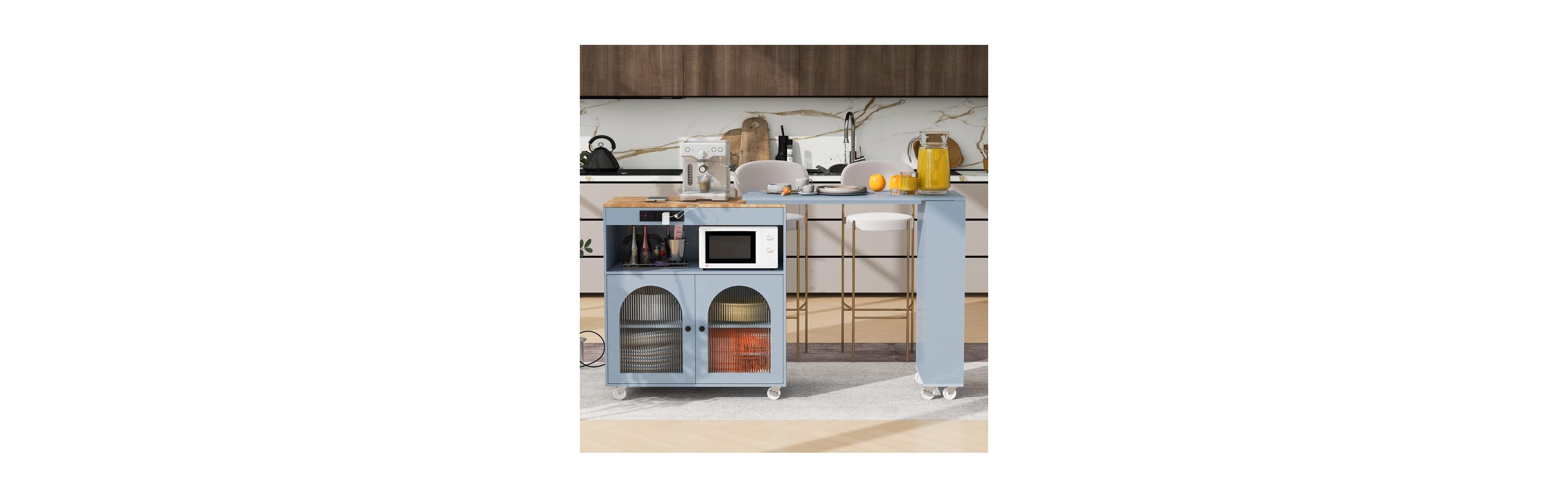 Maison Boucle Rolling Kitchen Island with Extendable Table, Led Lights, Outlet, Fluted Glass Doors & Shelves-Maison