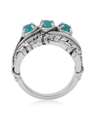 Sterling Silver Green Turquoise Three Stone Feather Ring, Sizes 5 to 11