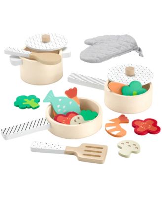 Wooden Pots and Pans Kitchen Set, 19 Wood Pieces