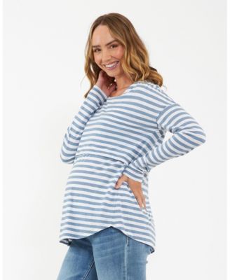 Maternity Lionel Long Sleeve Nursing Tee in Petrol and White - Stylish and Comfortable Wear
