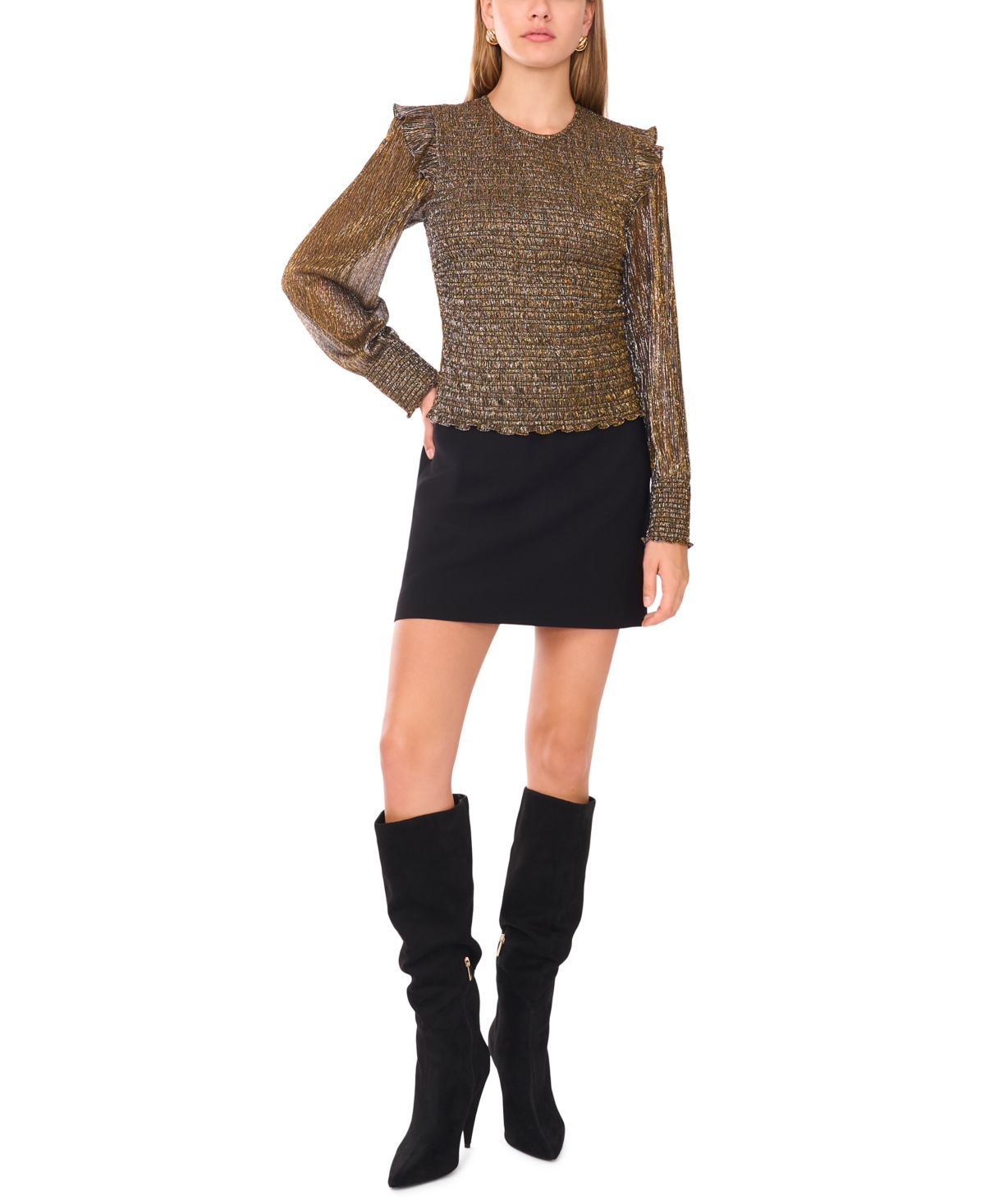 1.state Sheer Shoulder Long Sleeve Blouse In Brown