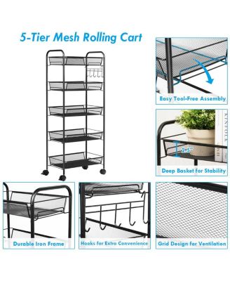 5 Tier Storage Rack Trolley Cart Home Kitchen Organizer Utility Baskets