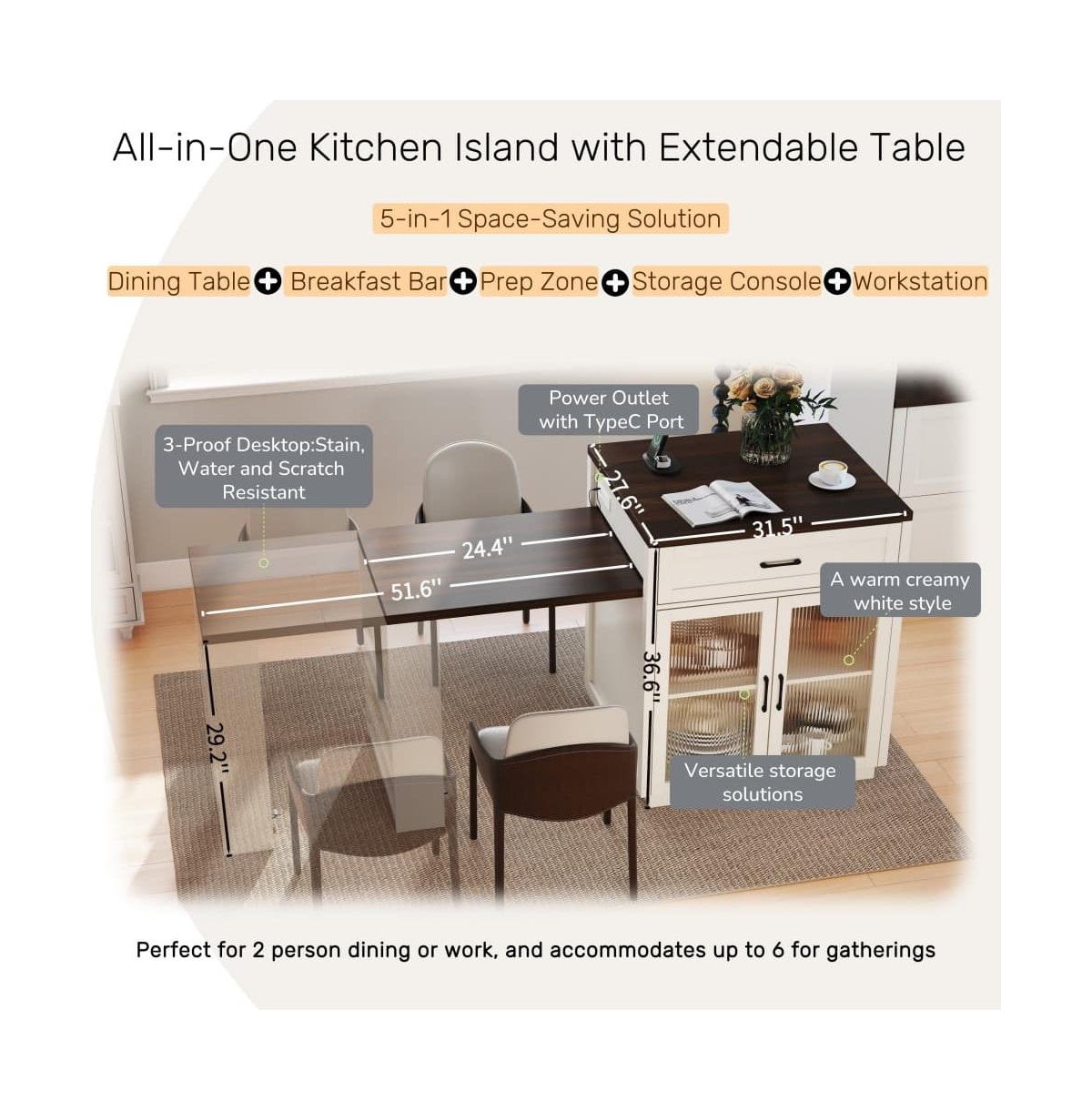 83.1" Extendable Kitchen Island with Pull-Out Table, Power Outlet, Storage Cabinet, Glass Doors & Spice Rack-Maison Boucle