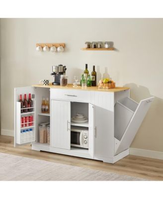 53.2" White Kitchen Island with Drawer, Cabinets, Spice Rack & Hidden Trash Can Storage, Modern Farmhouse Style-