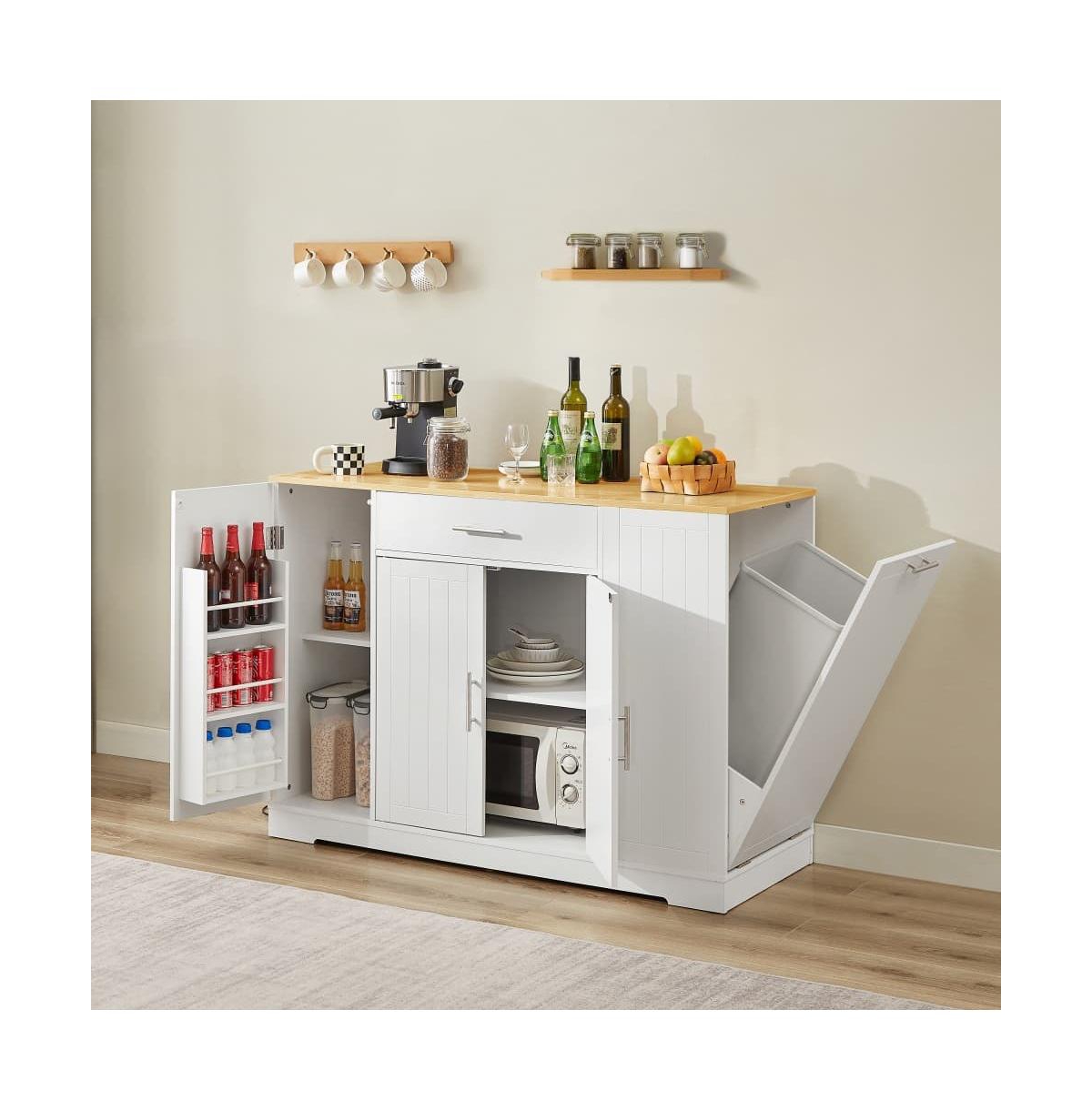 Maison Boucle 53.2" White Kitchen Island with Drawer, Cabinets, Spice Rack & Hidden Trash Can Storage, Modern Farmhouse Style-Maison Boucle