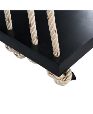 63 Inch Acacia Wood Porch Swing with Cushion and Hemp Ropes