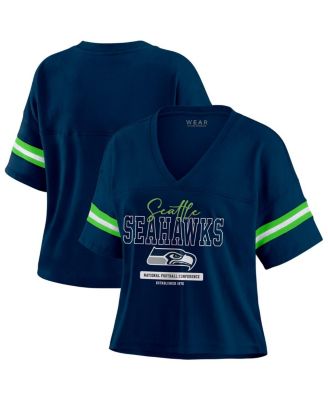 WEAR by Erin Andrews - Women's Navy Seattle Seahawks Color Block Boxy Modest Crop V-Neck T-Shirt