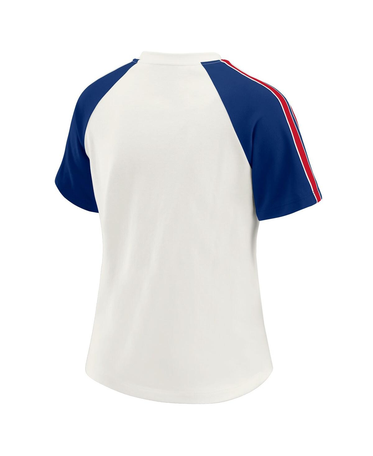 Wear By Erin Andrews Women's White New York Giants Sleeve Stripe Distressed Raglan T-shirt In Blue