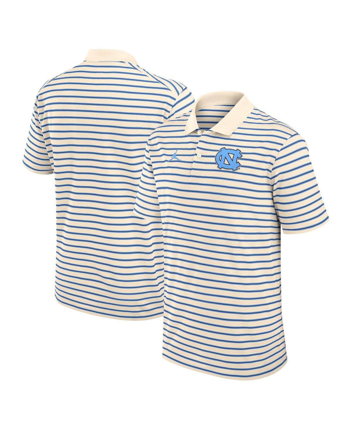 Jordan Men's Tan/carolina Blue North Carolina Tar Heels Striped Primary Logo Performance Polo Shirt In White