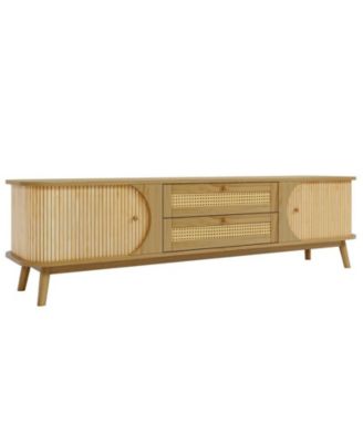 Rattan TV Stand for TVs up to 75", Modern Farmhouse Media Console, Entertainment Center with Solid Wood Legs