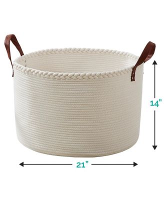 21" Large Round Cotton Rope Storage Basket Laundry Hamper with Faux Leather Handles