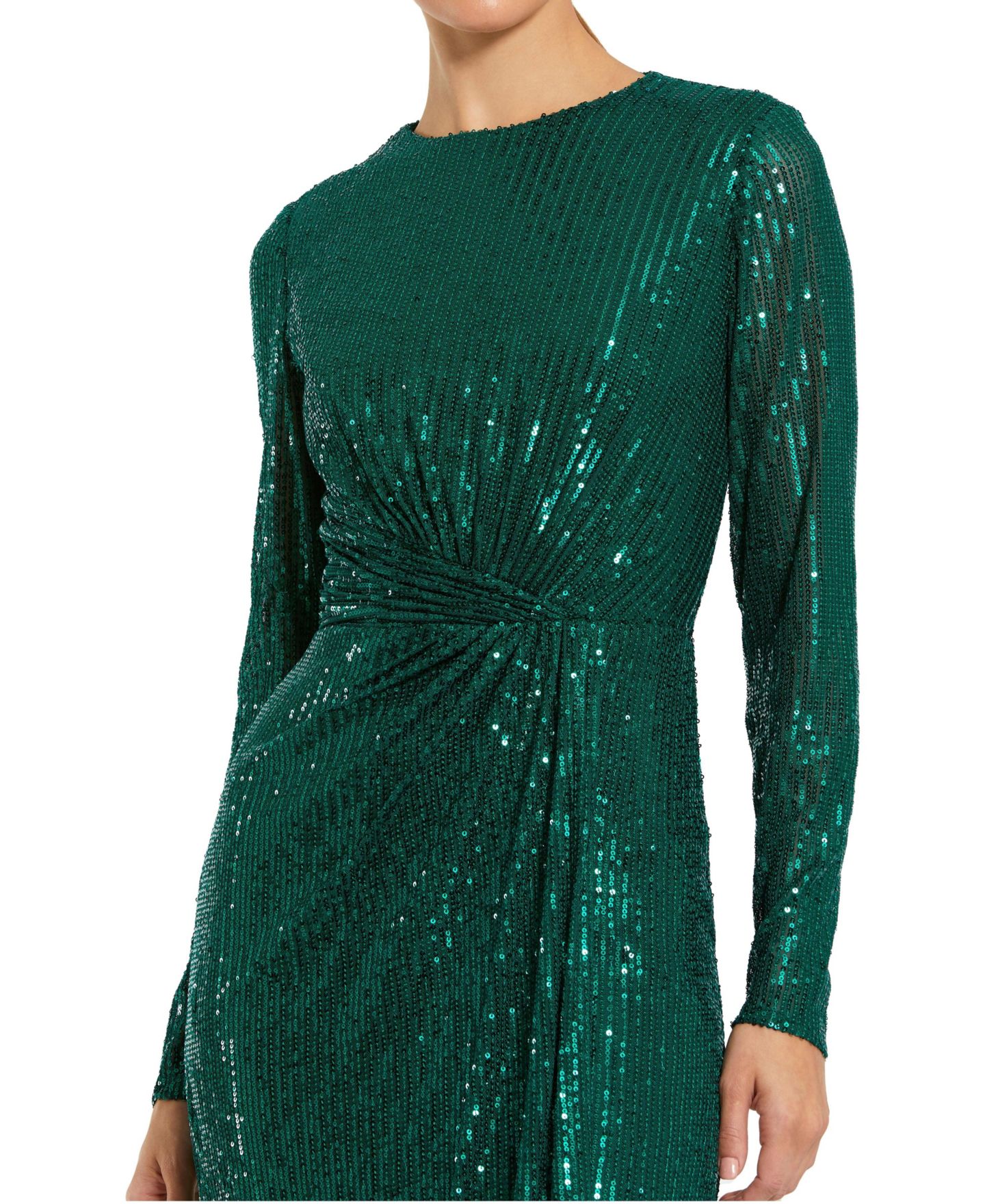 Женское платье Mac Duggal Sequin Long Sleeve High Neck Column Gown, цвет: Изумрудный — фото 3
