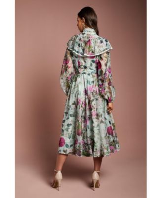 Women's Long Sleeve Printed Organza Shirt Dress