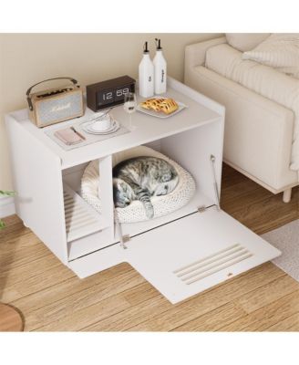 White Hidden Litter Box Cabinet with Storage Bench
