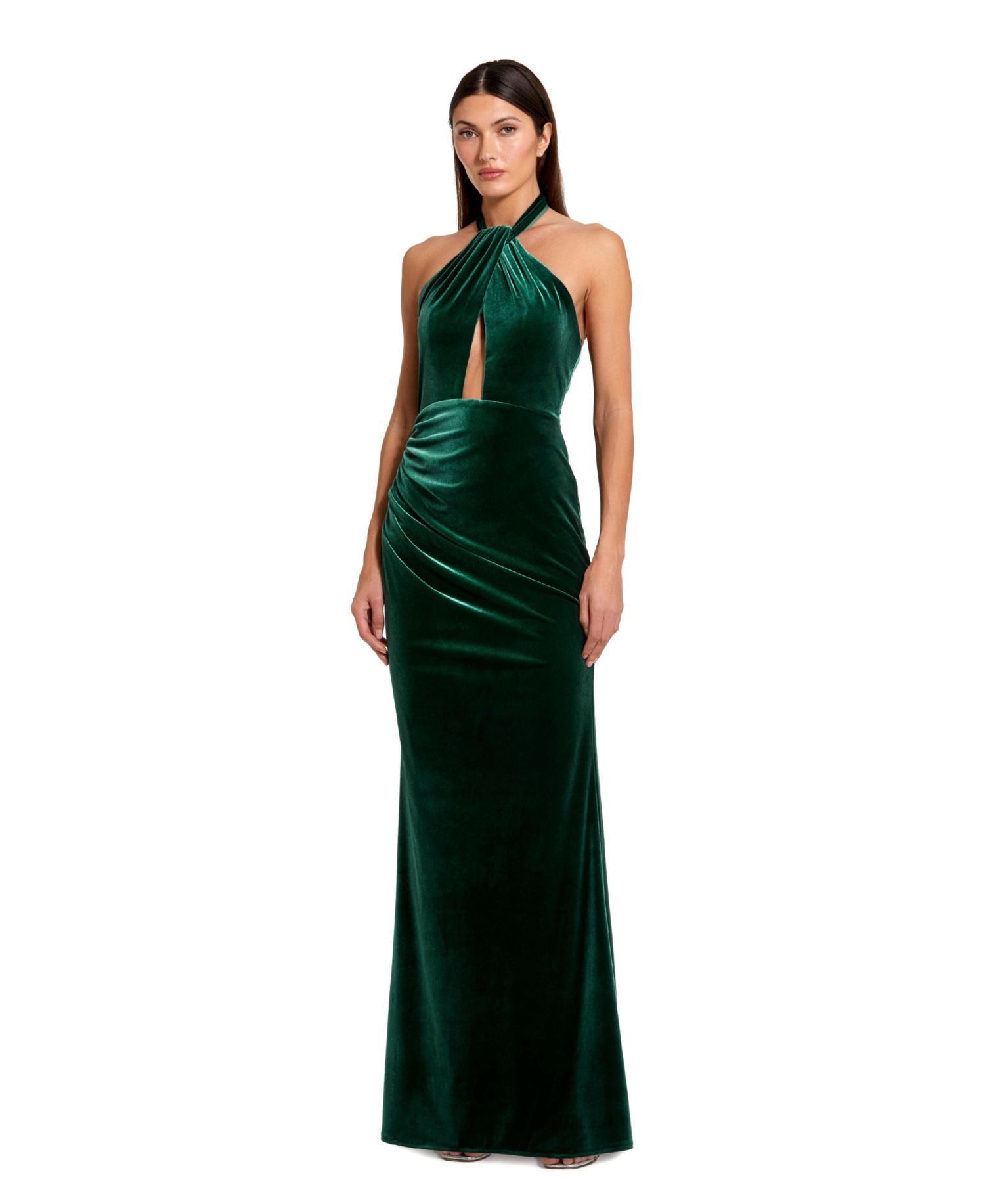Women's Velvet Halter Column Gown with Keyhole